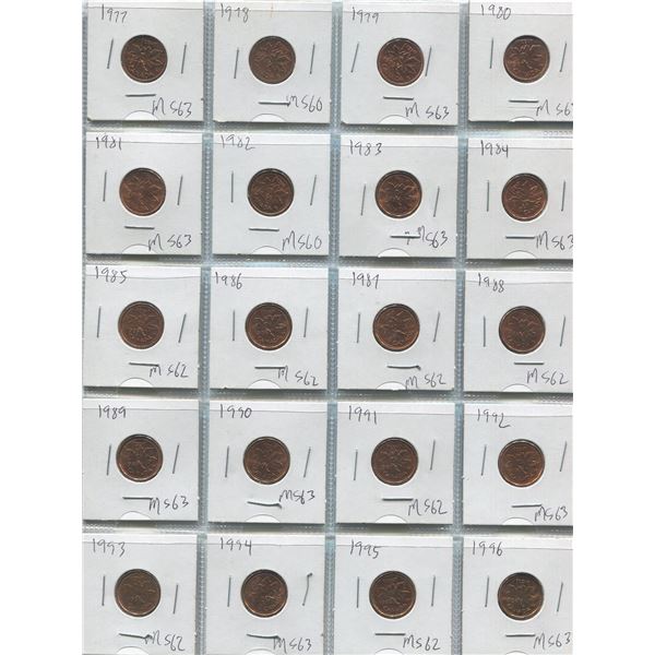 Sheet Of Canadian One Cent Coins 1977-1996 (20)