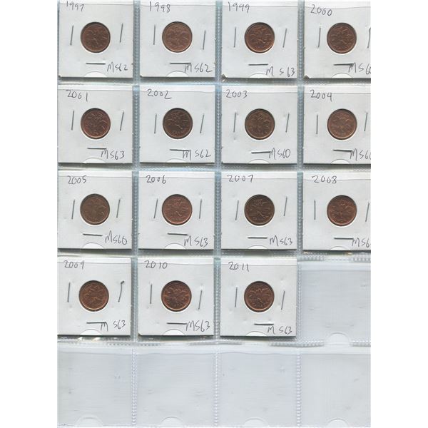 Sheet Of Canadian One Cent Coins 1997-2011 (15)