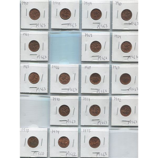 Sheet Of Canadian One Cent Coins 1957-1975 (17)