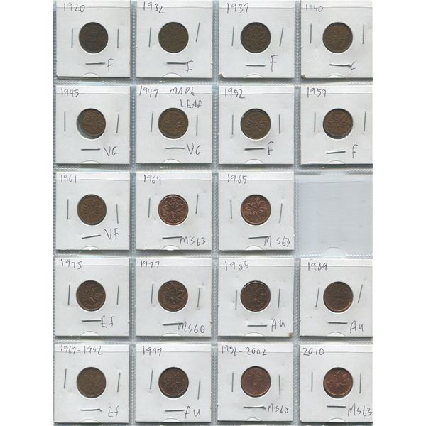Sheet Of Canadian One Cent Coins 1920-2010 (19)