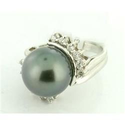 Vintage 13.5mm Black Pearl & Dia 14k WGold Ring#1642525