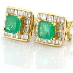 Vintage Emerald & Diamond 18k Y Gold Earrings #1642526