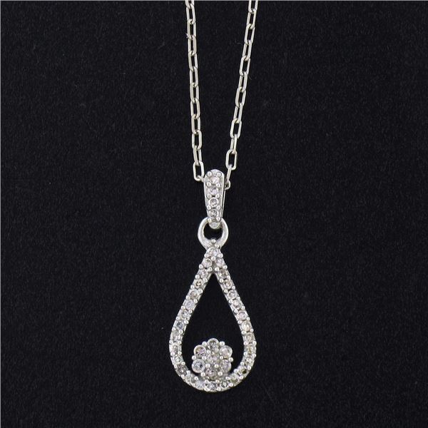 14K White Gold 0.12 ctw Single Cut Diamond Petite Open Tear Drop Pendant Necklac