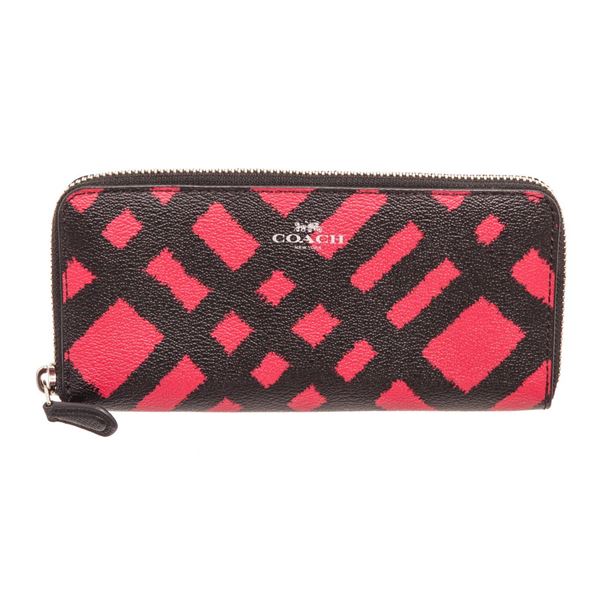 Coach Red  Black Wild Plaid Coated Canvas Zippy Wallet