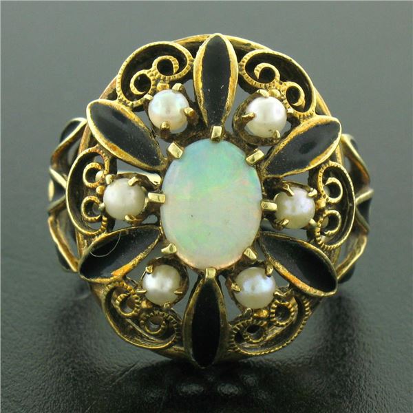 14k Yellow Gold Opal Pearl Black Enamel Large Dome Ladies Cocktail Ring