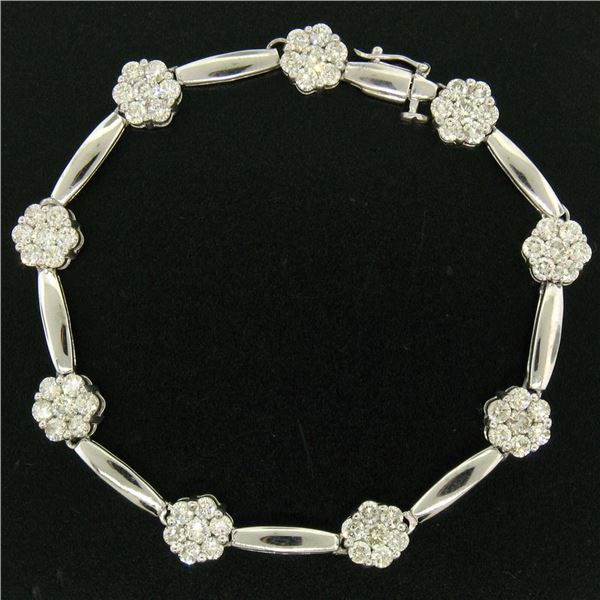 14K White Gold 7" 4.65 ctw Round Diamond Flower Cluster Bar Link Tennis Bracelet