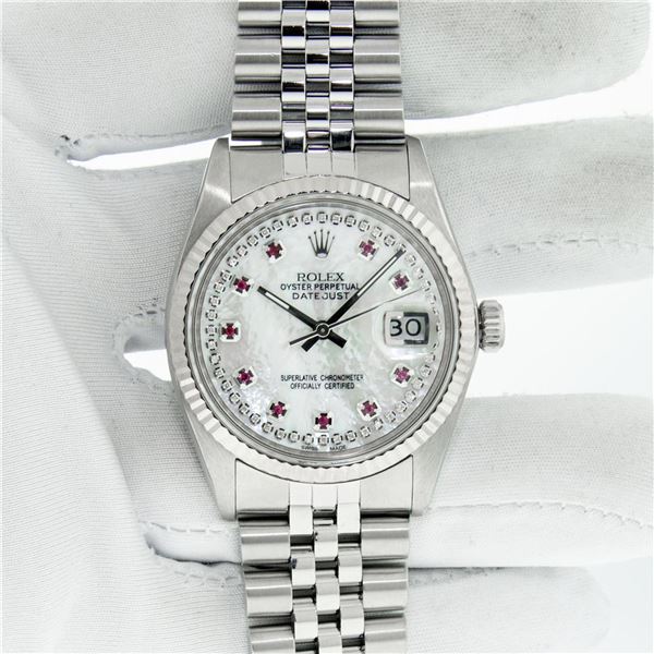 Rolex Mens Stainless Steel Mother Of Pearl Diamond & Ruby Datejust Wristwatch Wi