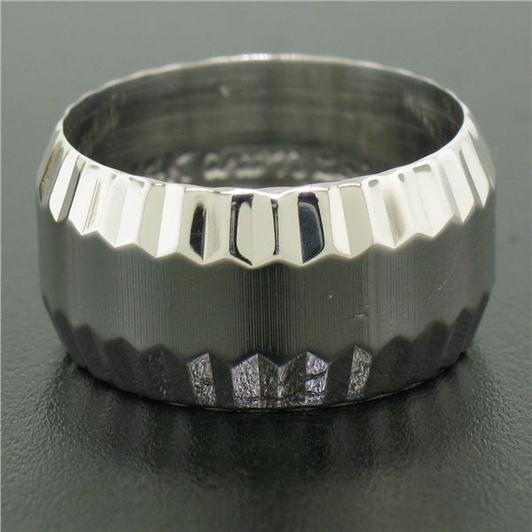 Vintage 14K Solid White Gold Textured & Grooved 10mm Wide Wedding Band Ring Sz 6