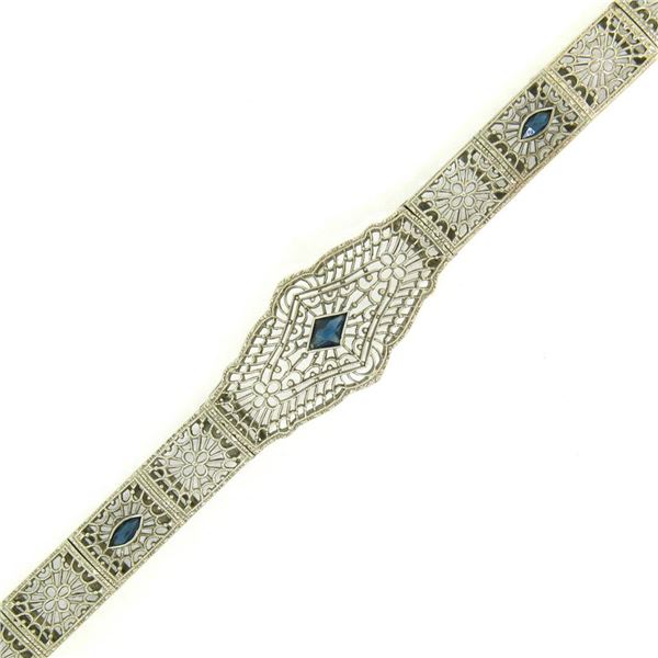 Antique Art Deco 10k White Gold 7" Wide Marquise Filigree & Sapphire Bracelet