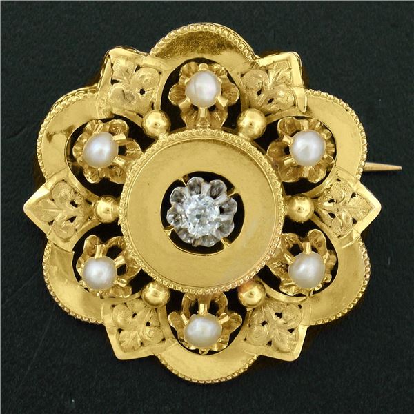 Antique Victorian 18K Yellow Gold Diamond Pearl Detailed Open Flower Brooch Pin