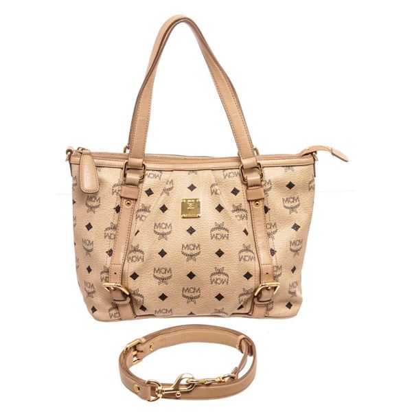 MCM Ivory Visetos Coated Canvas 2 Way Shoulder Bag