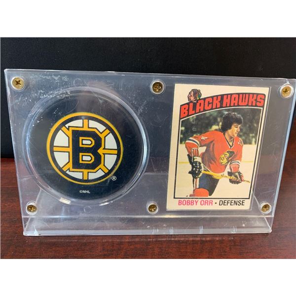 Vintage Bobby Orr Blackhawks Card  puck display