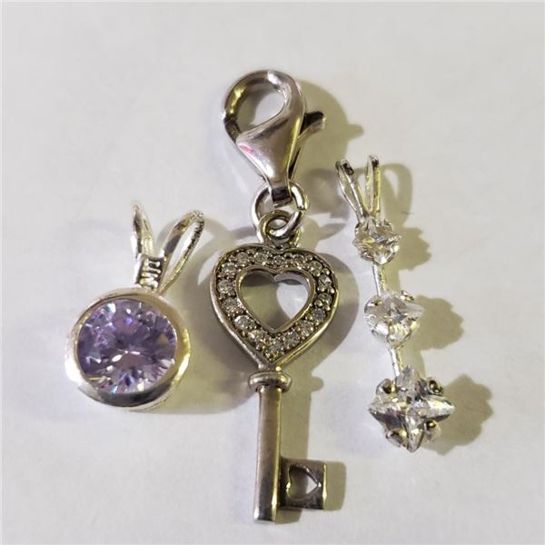 Silver Lot Of 3 Key Chain Heart Cz Pendant, Suggested Retail Value $140