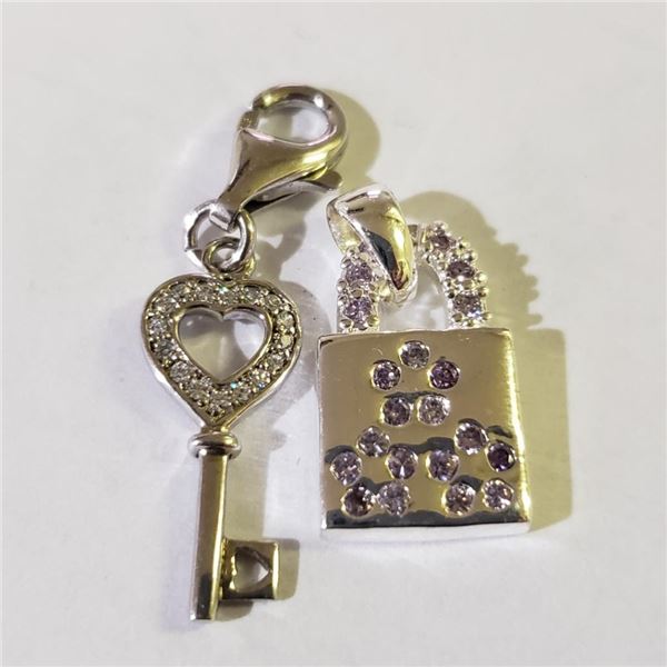Silver Lot Of 2 Key  Heart Cz Hang An Charm Pendant (~weight 3.95g), Suggested Retail Value $140