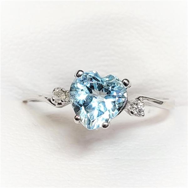 10K White Gold Blue Topaz(0.9ct) 2 Diamond(0.03ct) Heart Shaped Ring (~Size 6)(), Made in Canada, Su
