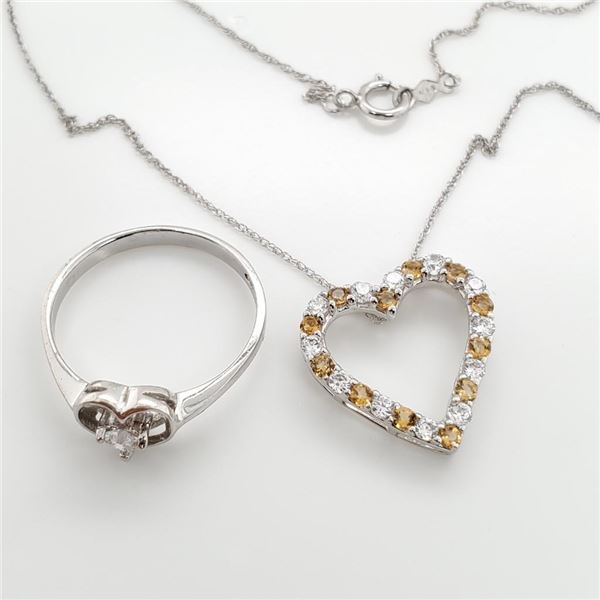 Silver Natural Citrine Cubic Zirconia Heart Shaped Ring And Necklace Set, Suggested Retail Value $24