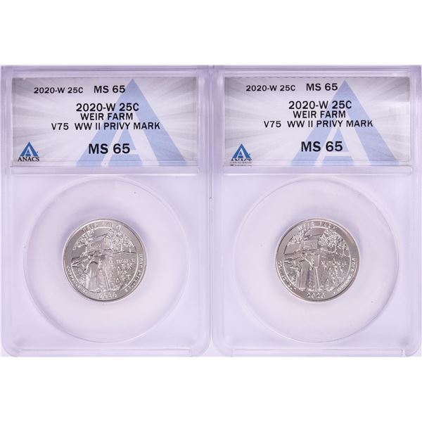 Lot of (2) 2020-W Weir Farm V75 WWII Privy Mark Quarter Coins ANACS MS65