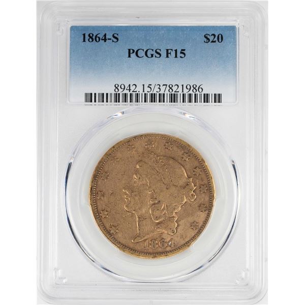 1864-S $20 Liberty Head Double Eagle Gold Coin PCGS F15