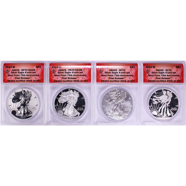 2013-W $1 American Silver Eagle (4) Coin 75th Anniversary Set ANACS PR70/SP70/EU70