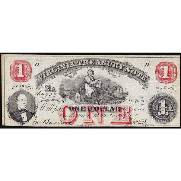 1862 $1 Virginia Treasury Note Obsolete Currency
