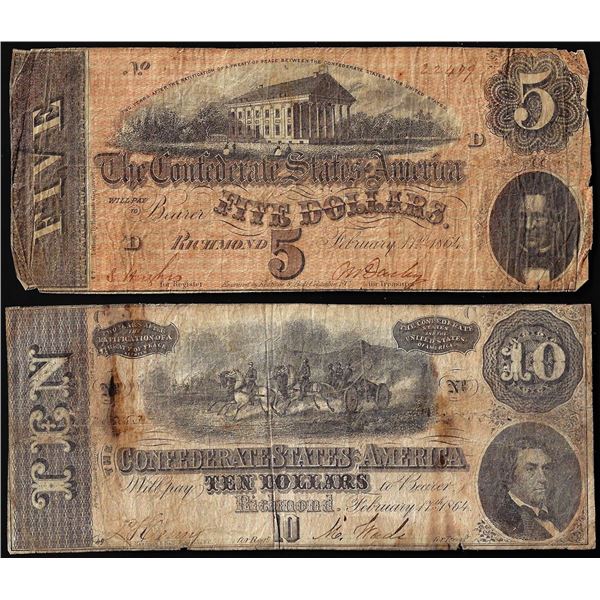 Lot of 1864 $5 & $10 Confederate States of America Notes