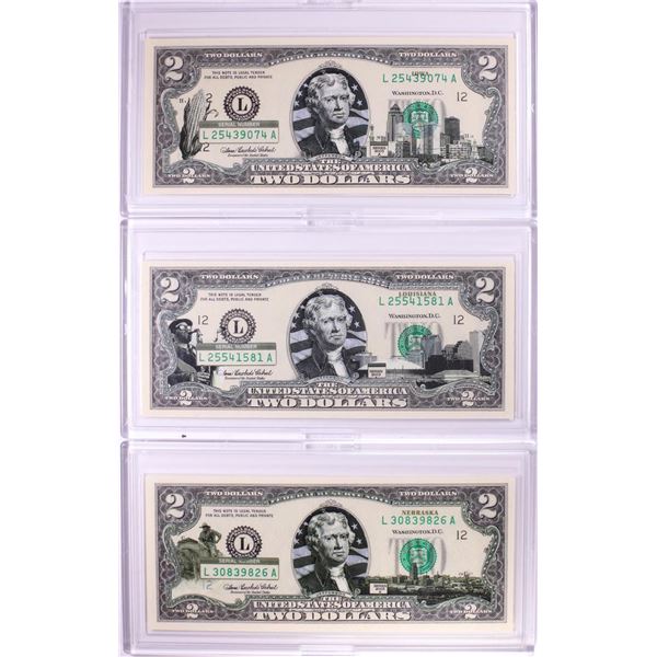 Lot of (3) 2003A $2 Colorized Overprint Federal Reserve Notes in Cases