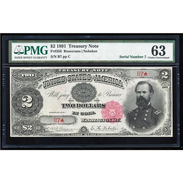 1891 $2 Treasury Note Fr.356 PMG Choice Uncirculated 63 Serial Number 7