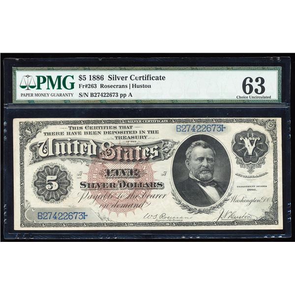 1886 $5 'Morgan Dollar Back' Silver Certificate Note Fr.263 PMG Choice Uncirculated 63
