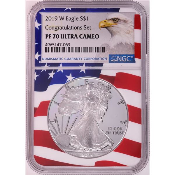 2019-W $1 Proof American Silver Eagle Coin NGC PF70 Ultra Cameo Congratulations Flag