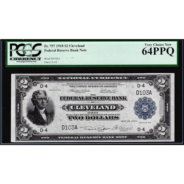 1918 $2 Battleship Federal Reserve Bank Note Cleveland Fr.757 PCGS Choice New 64PPQ