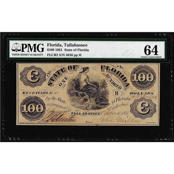 1861 $100 State of Florida Tallahassee Cr.2 Obsolete Note PMG Choice Uncirculated 64