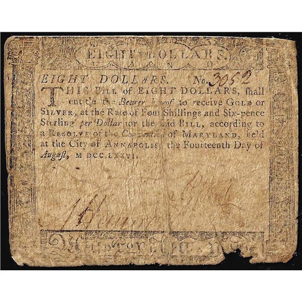 August 14, 1776 $8 Maryland Colonial Currency Note