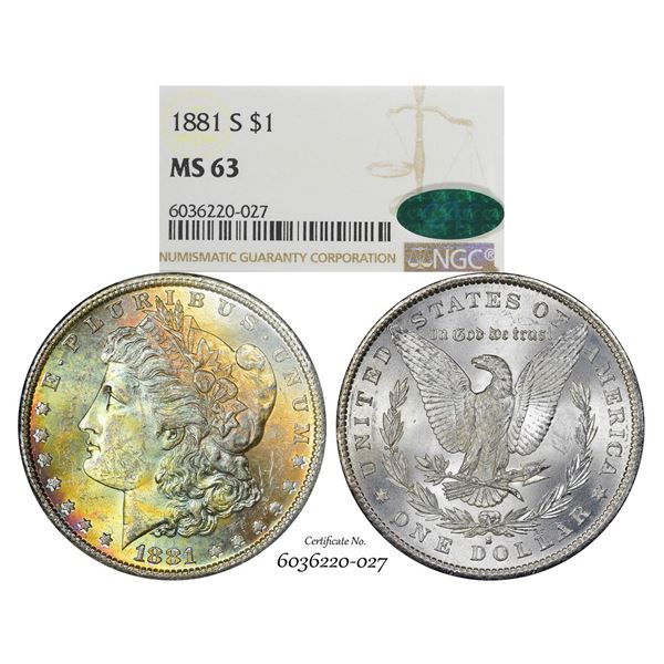 1881-S $1 Morgan Silver Dollar Coin NGC MS63 CAC Amazing Toning