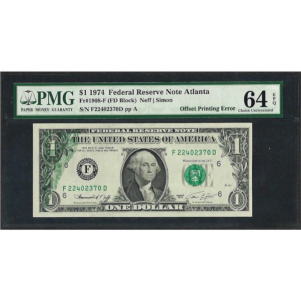 1974 $1 Federal Reserve Note Partial Offset Printing Error PMG Ch. Uncirculated 64EPQ