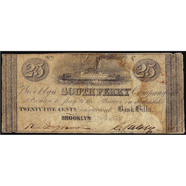 1839 Twenty-Five Cents South Ferry Brooklyn Obsolete Currency Note