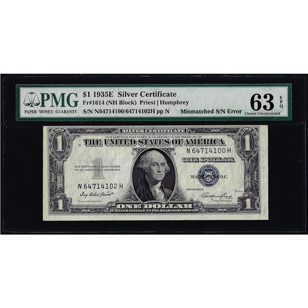 1935E $1 Silver Certificate Note Mismatched Serial Number ERROR PMG Choice Unc. 63EPQ