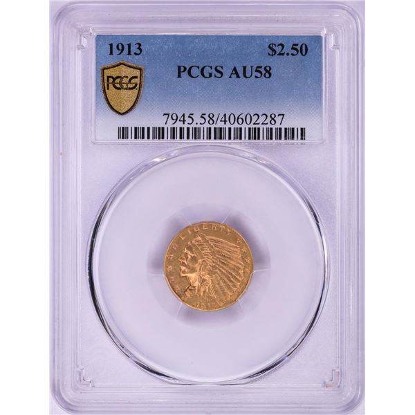 1913 $2 1/2 Indian Head Quarter Eagle Gold Coin PCGS AU58