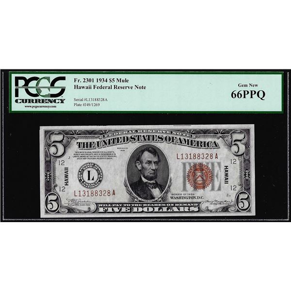 1934 $5 Hawaii WWII Emergency Issue Federal Reserve Note PCGS Gem New 66PPQ
