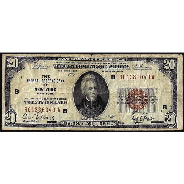 1929 $20 Federal Reserve Bank Note New York