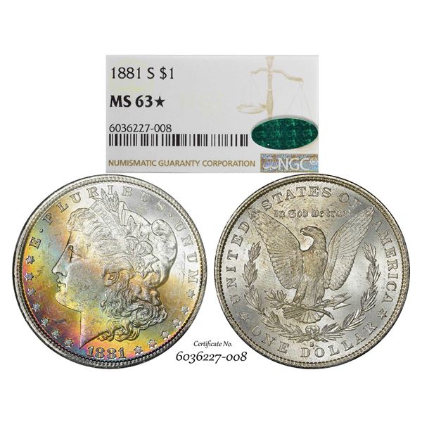 1881-S $1 Morgan Silver Dollar Coin NGC MS63* Star CAC Amazing Toning