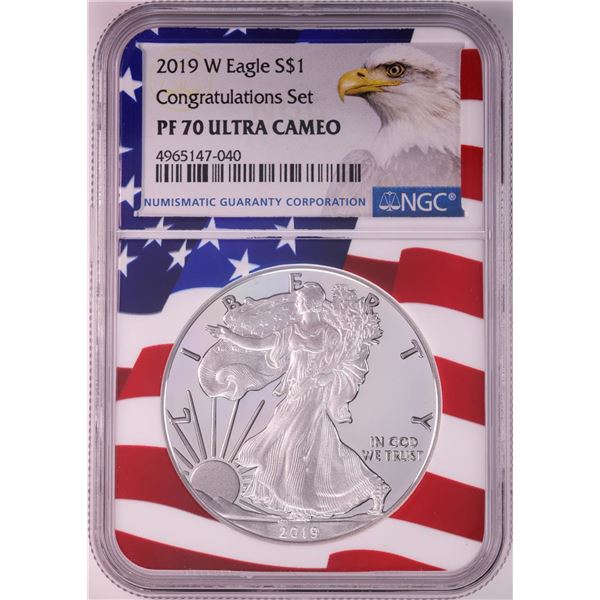 2019-W $1 Proof American Silver Eagle Coin NGC PF70 Ultra Cameo Congratulations Flag