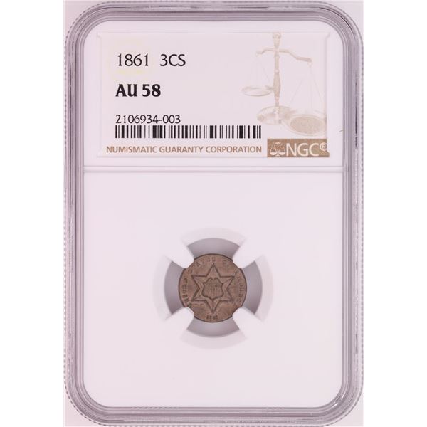 1861 Three Cent Silver Piece Coin NGC AU58