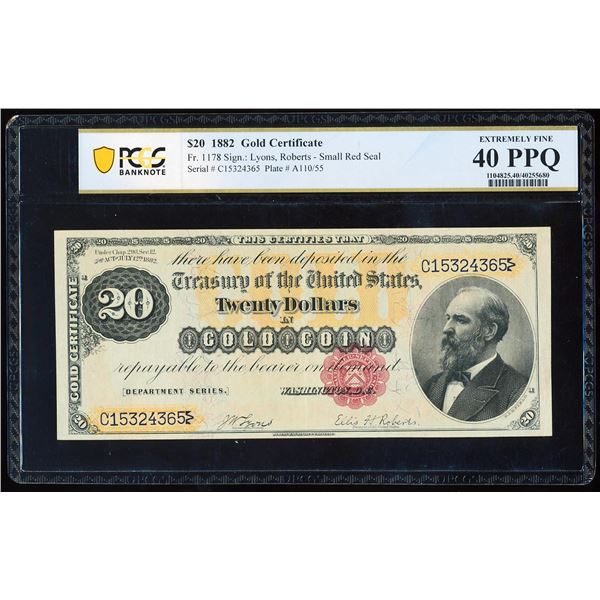1882 $20 Gold Certificate Note Fr.1178 PCGS Extremely Fine 40PPQ