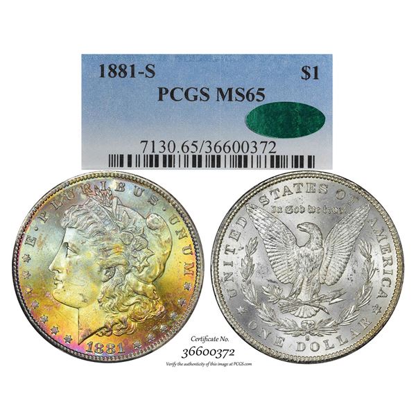 1881-S $1 Morgan Silver Dollar Coin PCGS MS65 CAC Amazing Toning