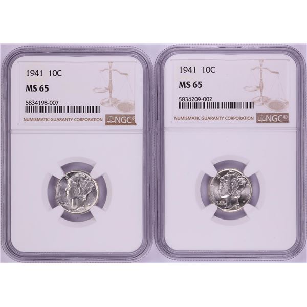 Lot of (2) 1941 Mercury Dime Coins NGC MS65