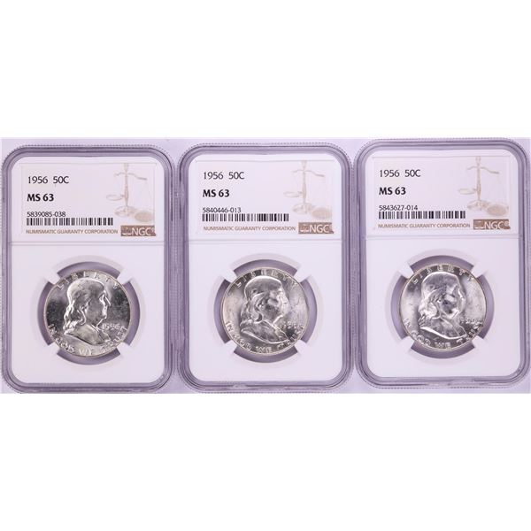 Lot of (3) 1956 Franklin Half Dollar Coins NGC MS63