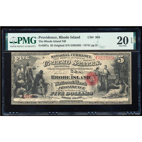 Original 1865 $5 Rhode Island Providence, RI CH# 983 National Note PMG VF 20EPQ