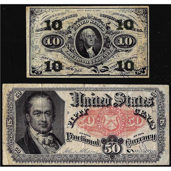 Lot of 1863 Ten Cents Second Issue & 1875 Fifty Cents Fifth Issue Fractional Notes