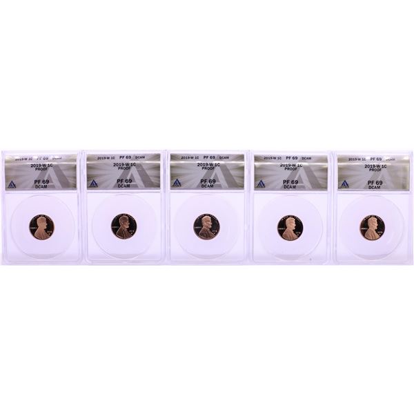 Lot of (5) 2019-W Proof Lincoln Cent Coins ANACS PF69 DCAM