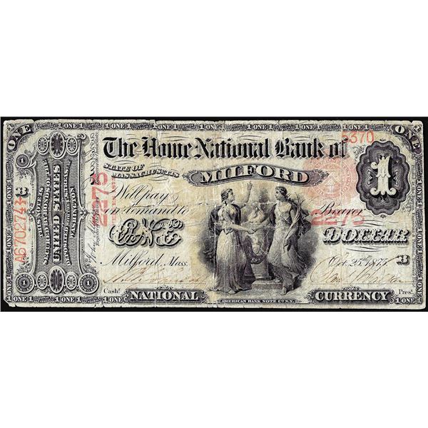 1875 $1 National Bank of Milford, MA CH# 2275 National Currency Note